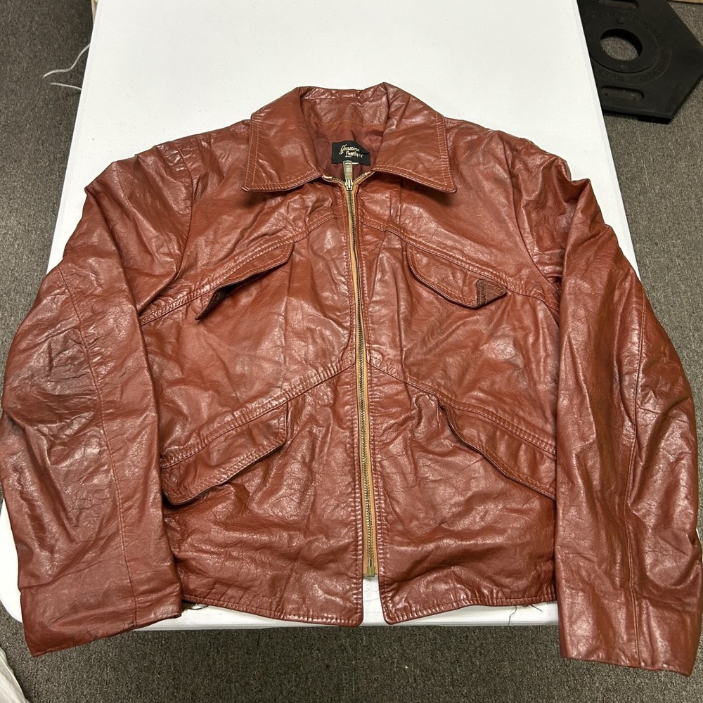60s/70s genuine Leather Jacket Mens L Brown Vintage Distressed Full Zip 4-Pocket